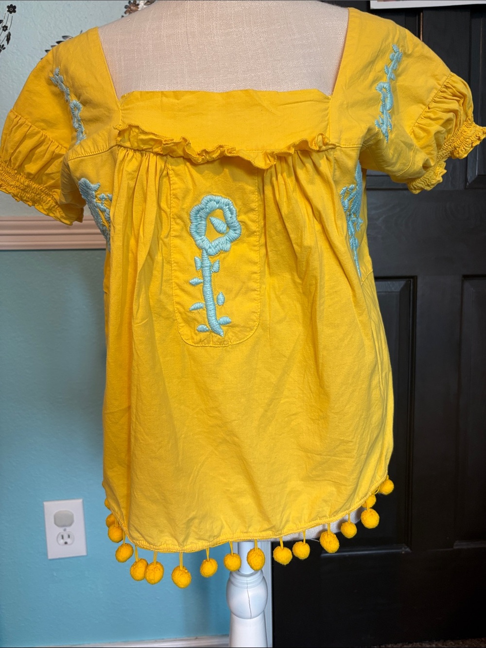 Bennett Malibu Yellow Embroidered Pom-Pom Top